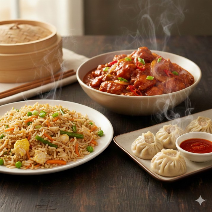 Veg Fried  and Chilli Chicken Gravy and Chicken Momos
